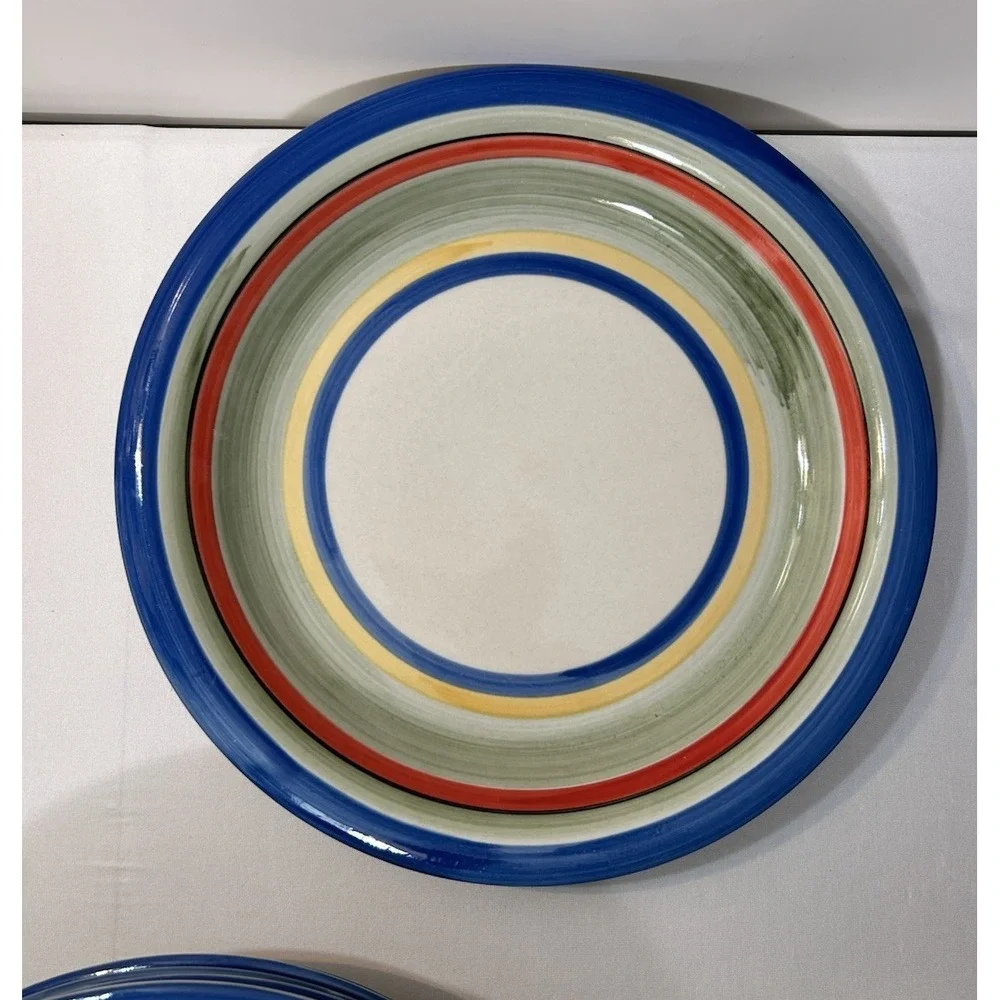 Vtg Gibson Rainbow Striped Hand Painted Rim Ceramic Dinner Plate 10.5in Set Of 6